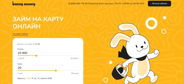 Вход в личный кабинет на сайте BunnyMoney