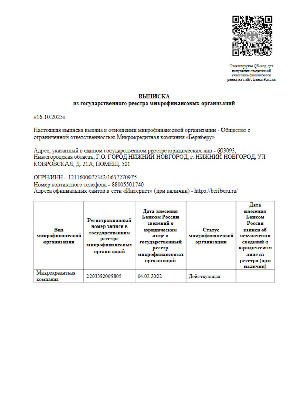 Лицензия БериБеру (ООО «Бериберу МКК»)