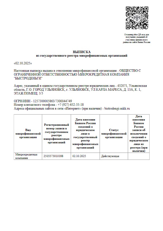 Лицензия Быстроденьги (ООО МКК «Быстроденьги»)