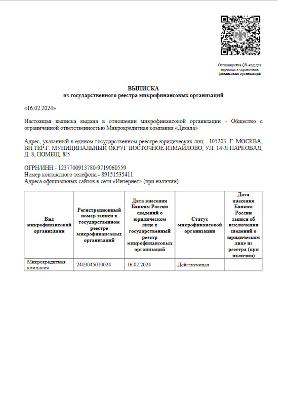 Лицензия Cashiro (ООО МКК «Декада»)