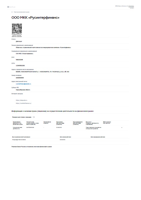 Лицензия еКапуста (ООО МКК «Русинтерфинанс»)