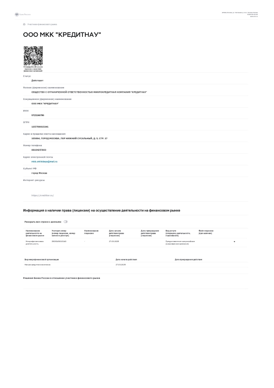 Лицензия Creditter (ООО МКК «Кредитнау»)