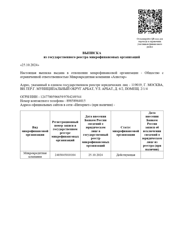 Лицензия У Абрамовича (ООО МКК «Алистар»)
