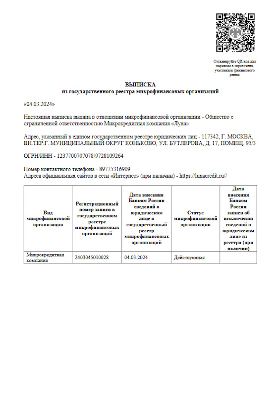 Лицензия Небус (ООО МКК «Луна»)