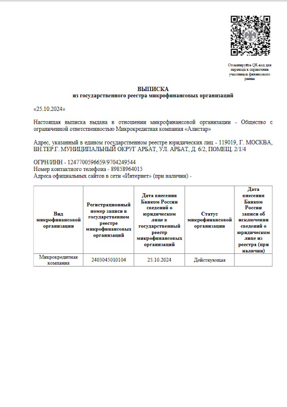 Лицензия Скела Мани (ООО МКК «Алистар»)