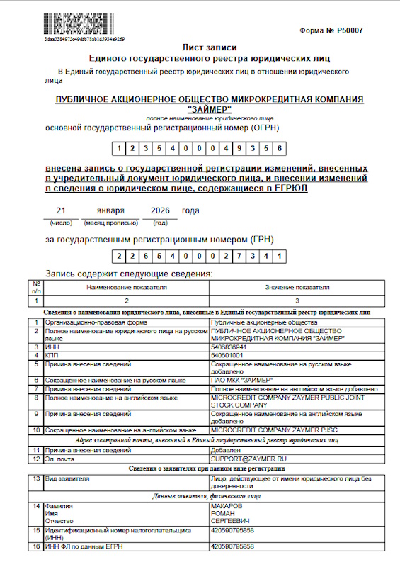 Регистрация ПАО МКК «Займер»